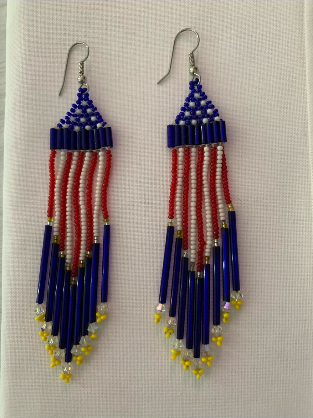 Handmade Red, White and Blue, American Flag Beaded Pierced Earrings